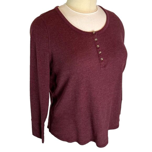 Terra & Sky Tops - Terra & Sky - Women's 2X Henley Neck Long Sleeve Tee Shirt Burgundy Ribbed